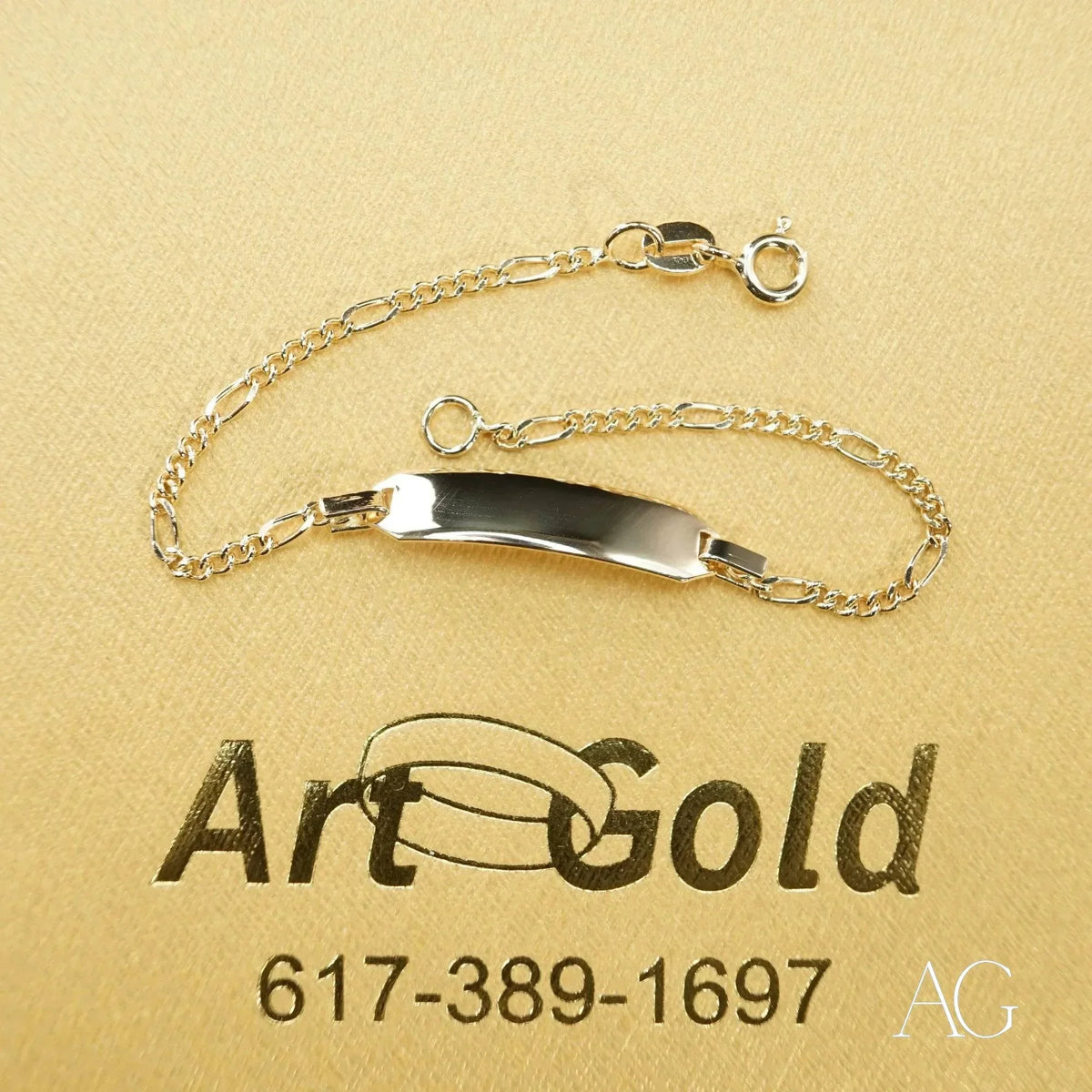 Silver 18k gold personalized ID bracelet with figaro chain and polished plate