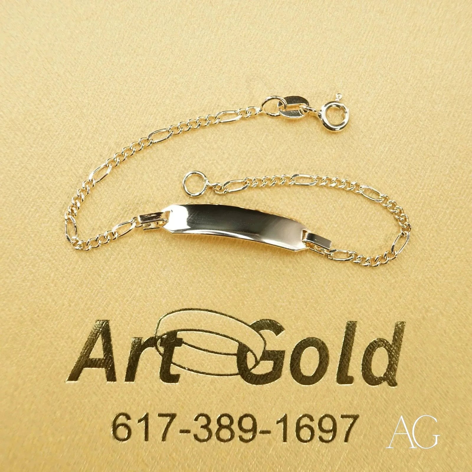 Silver 18k gold personalized ID bracelet with figaro chain and polished plate