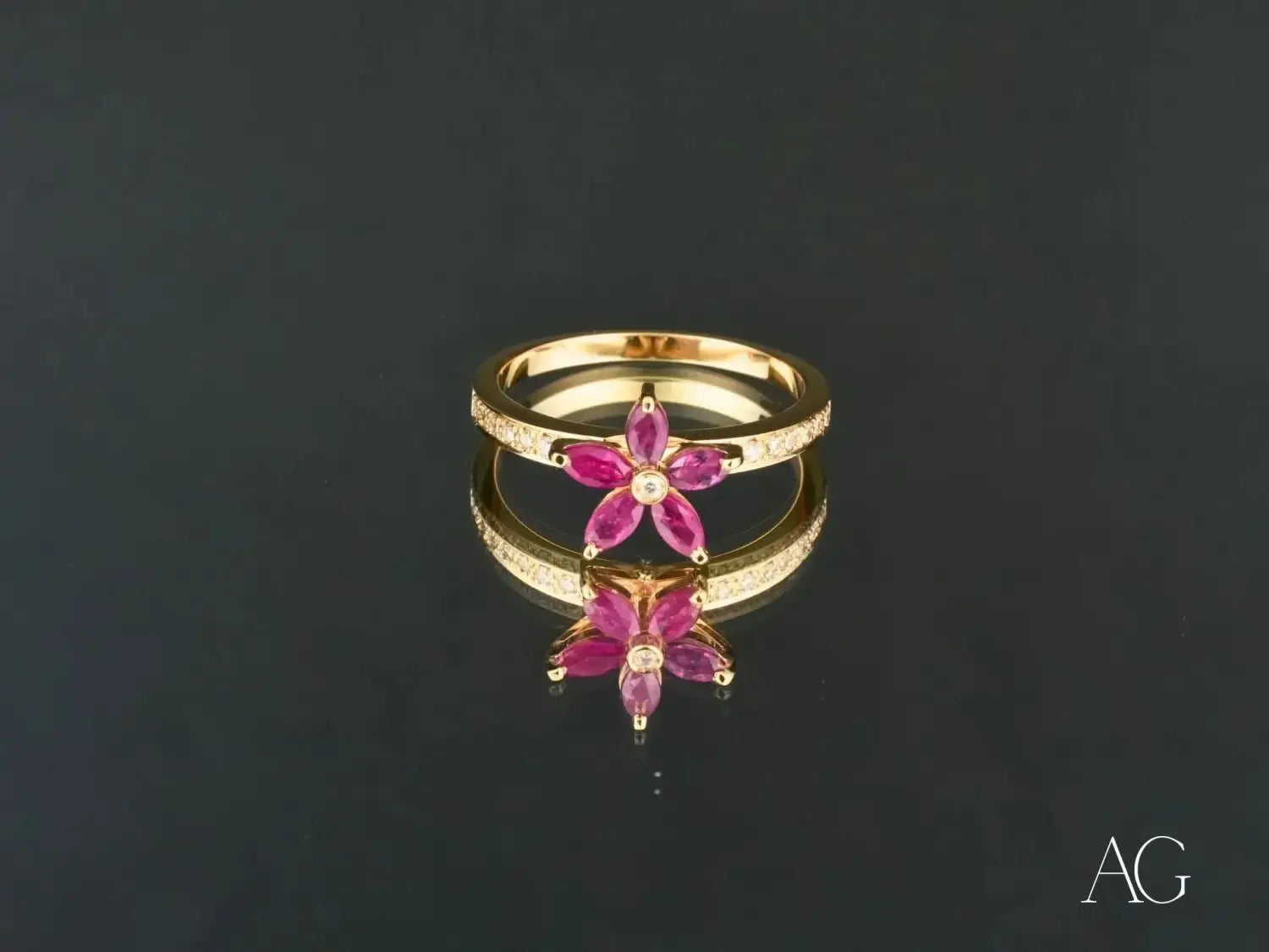 Blooming Elegance: 18k Gold Ruby Flower & Diamond Ring