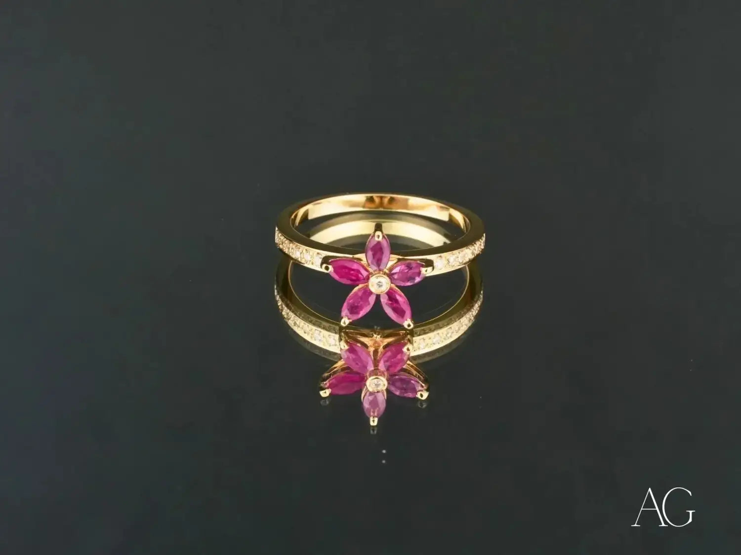 Blooming Elegance: 18k Gold Ruby Flower & Diamond Ring