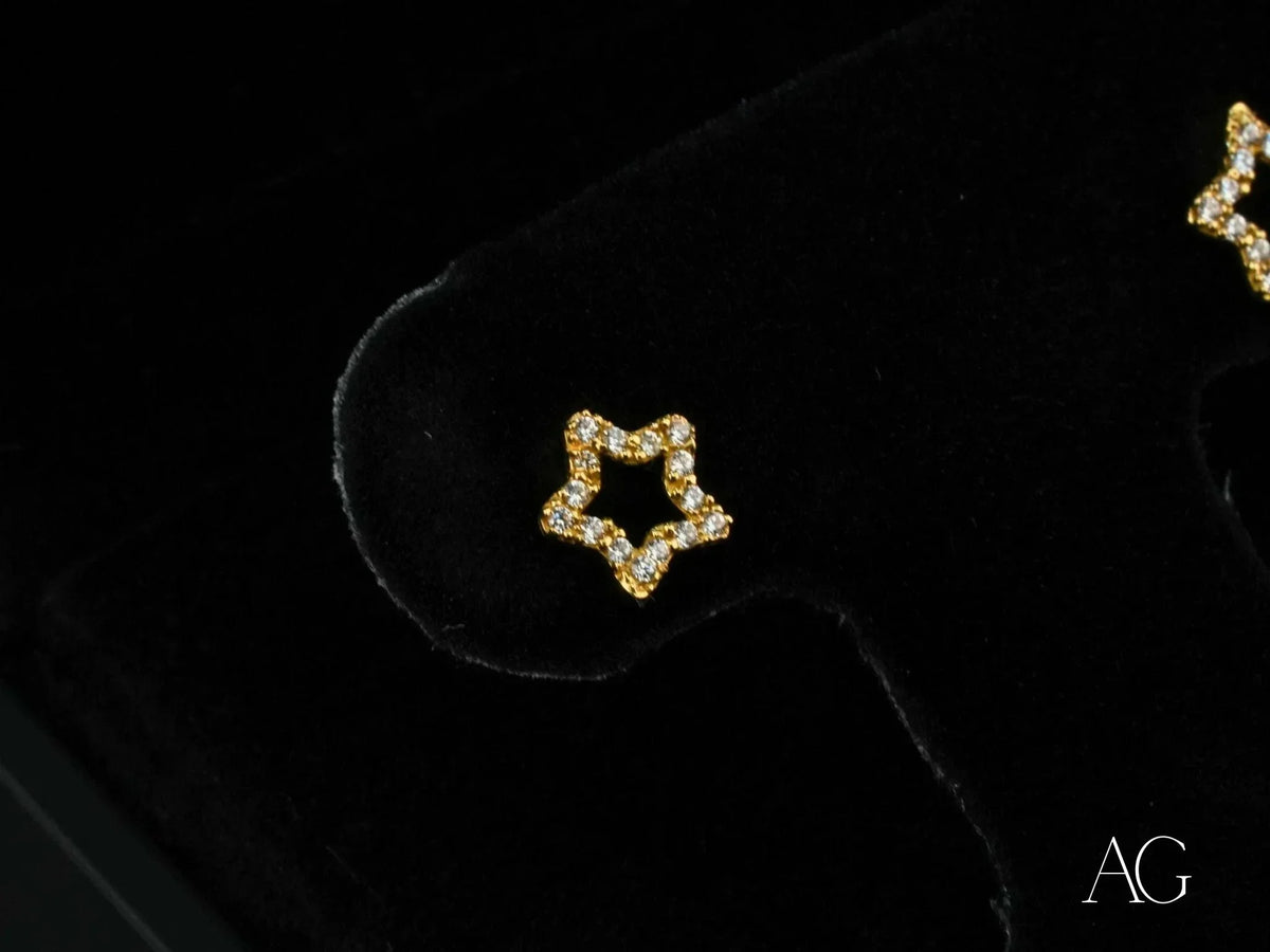 18K gold star celestial sparkle CZ earrings with screw backs