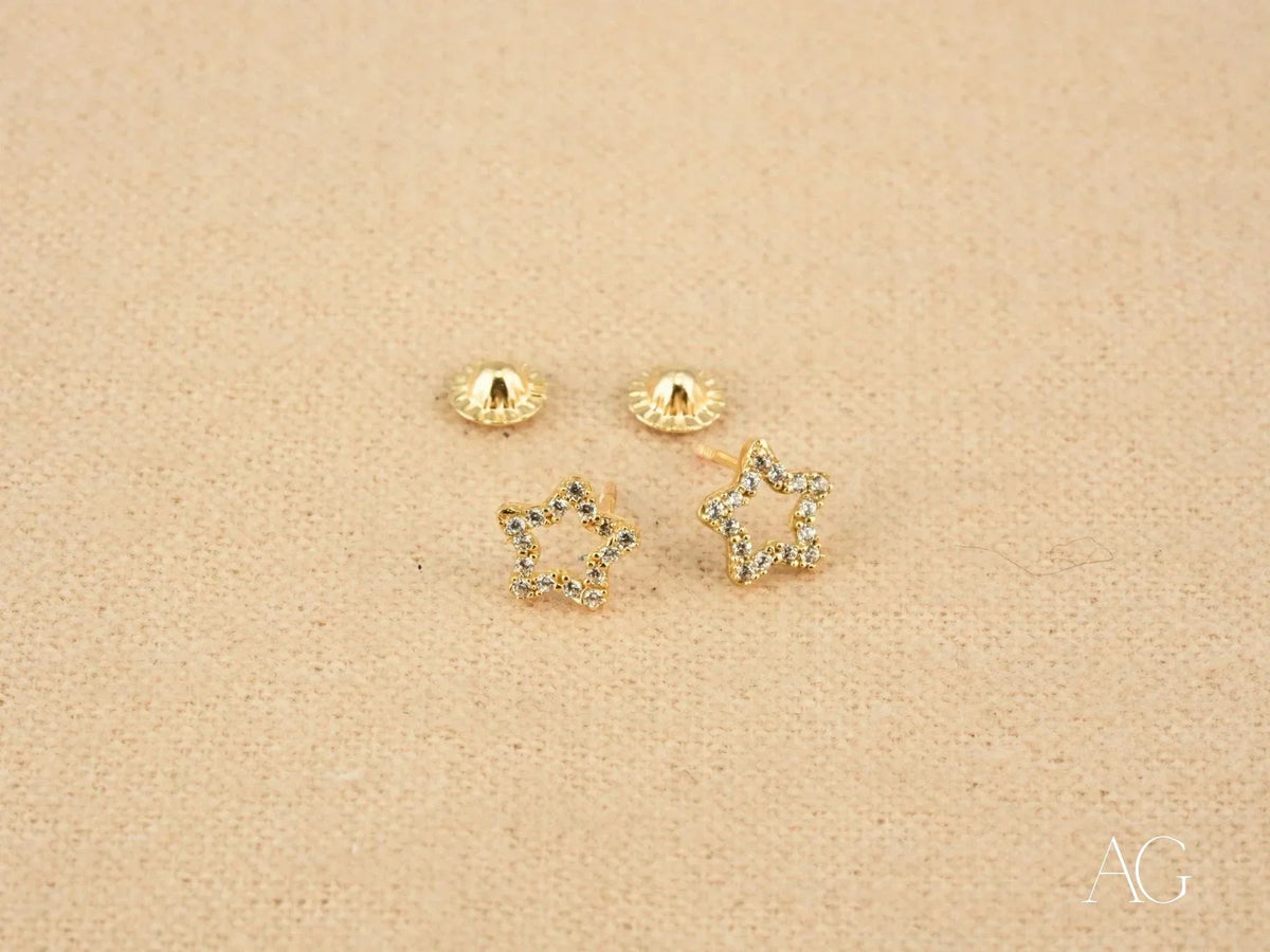 18k gold star celestial sparkle CZ earrings with screw backs