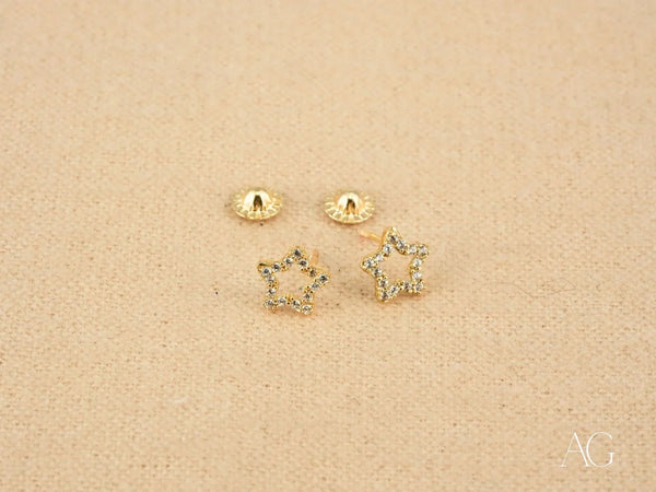 18k gold star celestial sparkle CZ earrings with screw backs