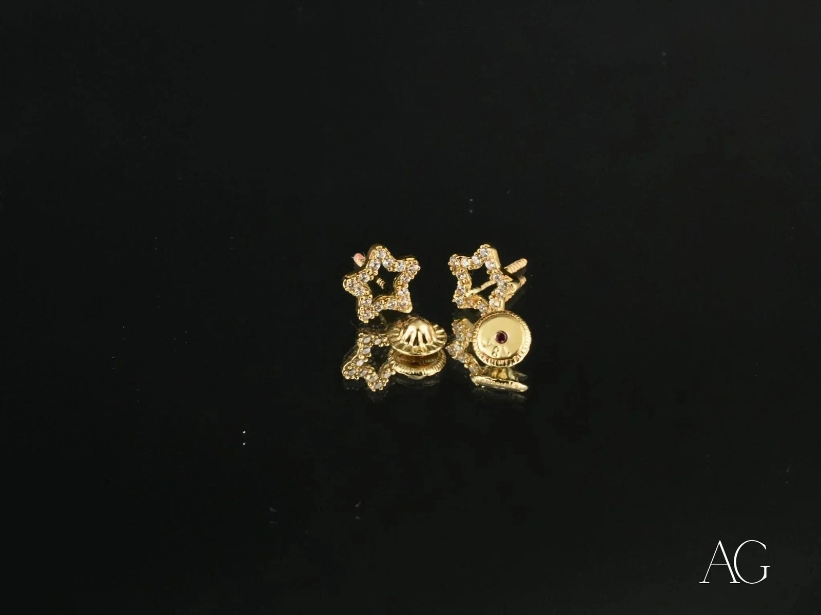 18K gold star celestial sparkle CZ earrings with screw backs