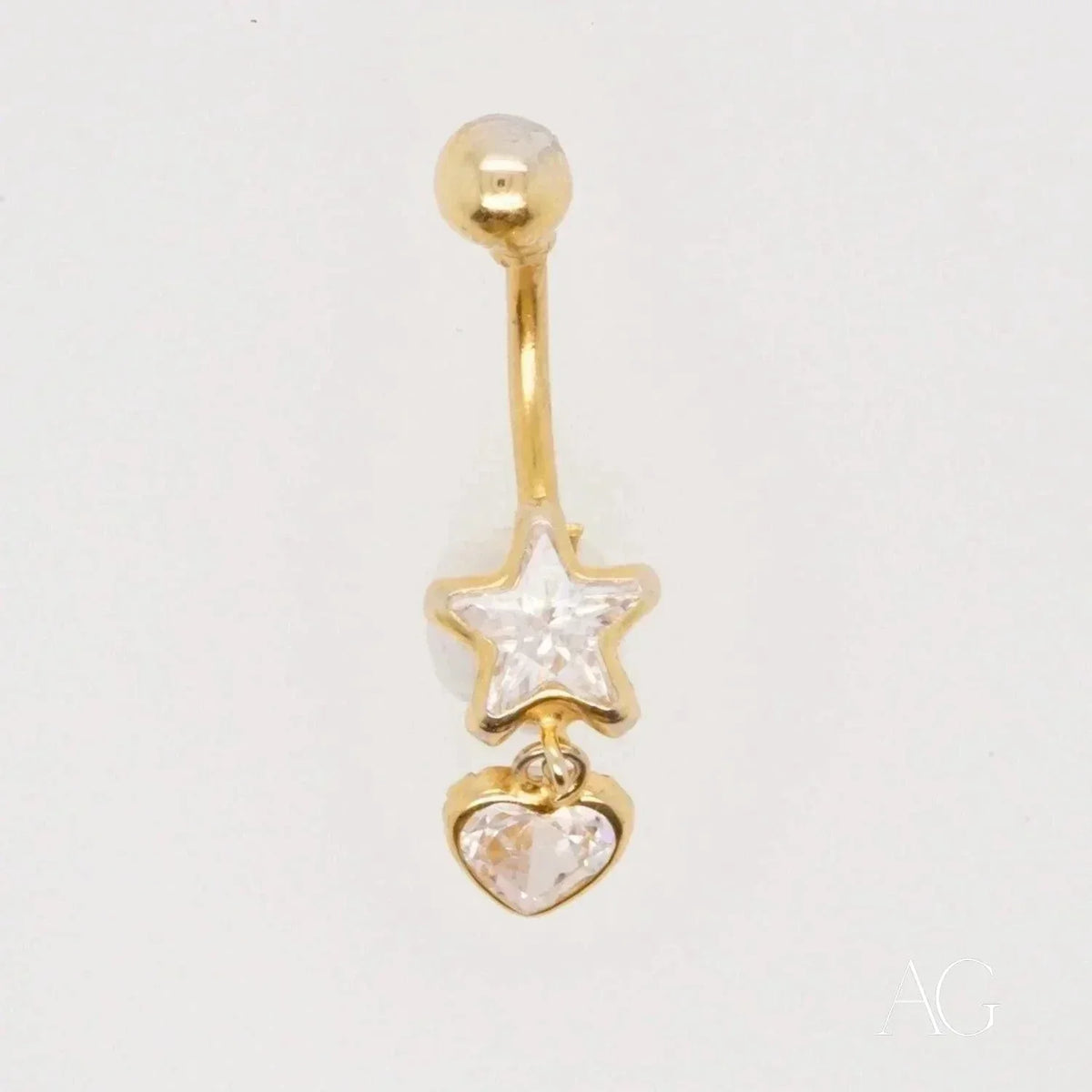18k gold bellybutton piercing with star and heart cubic zirconia dangle