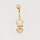 18k gold bellybutton piercing with star and heart cubic zirconia dangle