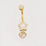 18k gold bellybutton piercing with star and heart cubic zirconia dangle