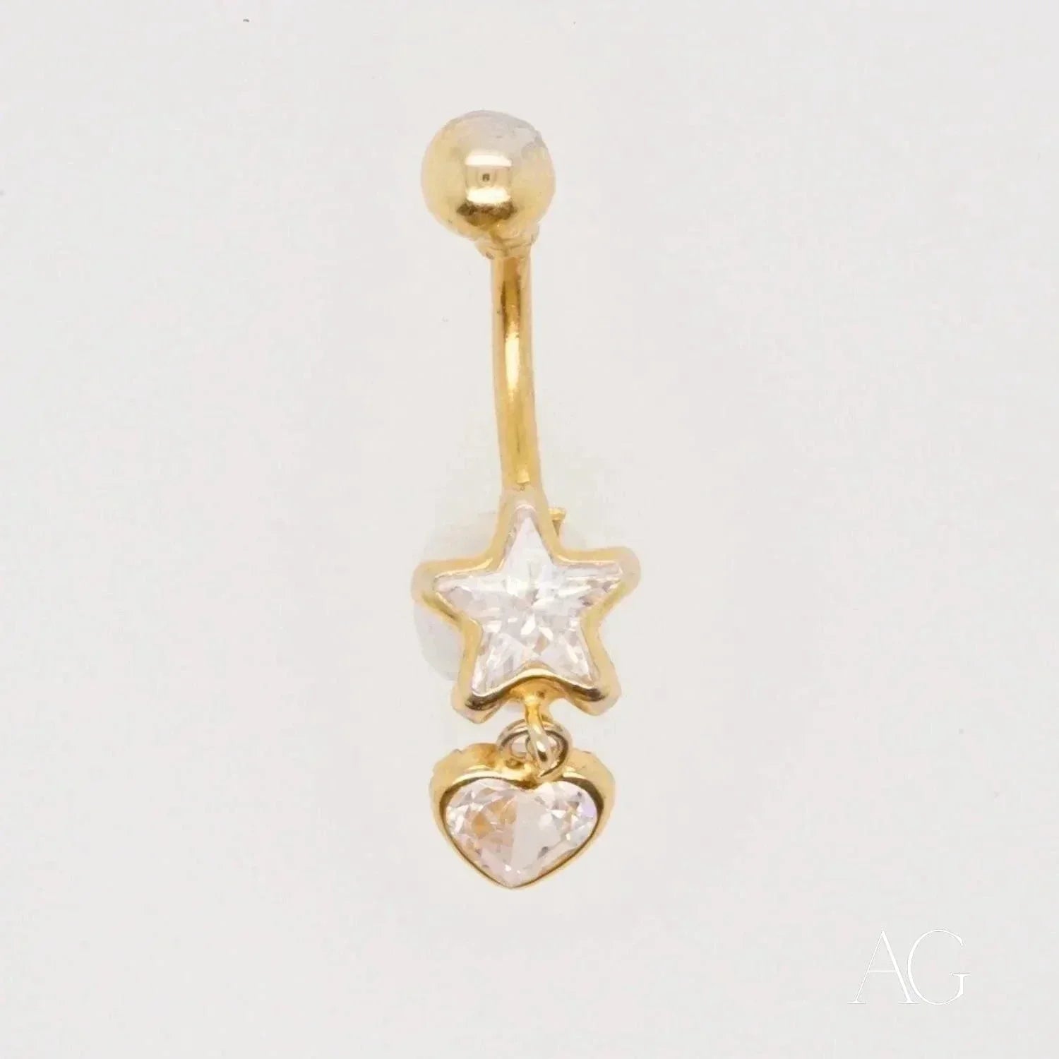 18k gold bellybutton piercing with star and heart cubic zirconia dangle
