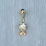 18k gold bellybutton piercing with star and heart gems