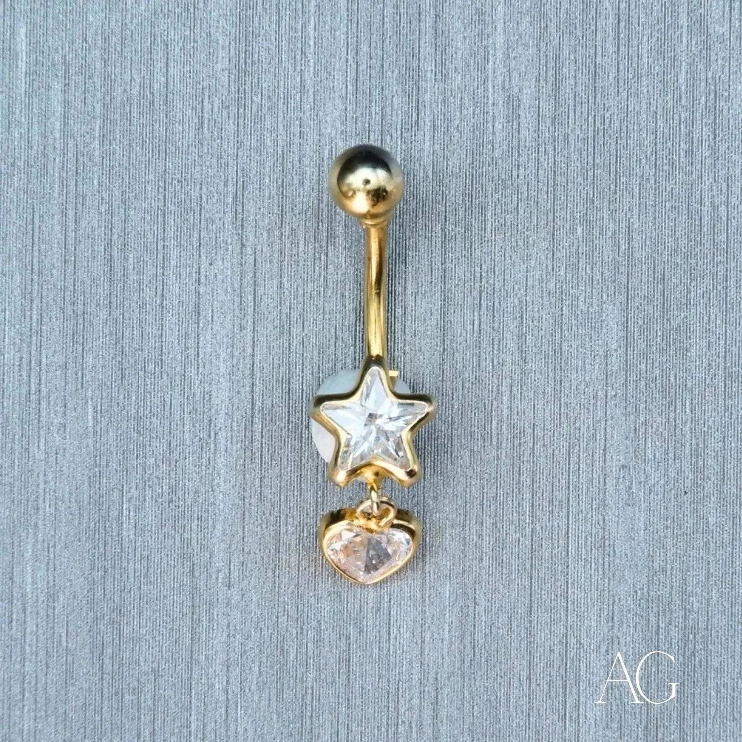 18k gold bellybutton piercing with star and heart gems