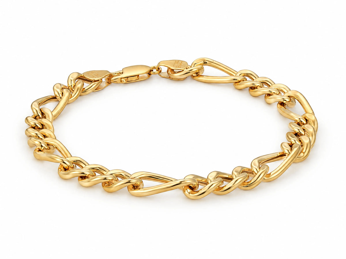 18K yellow gold semi-solid Figaro link bracelet with lobster clasp
