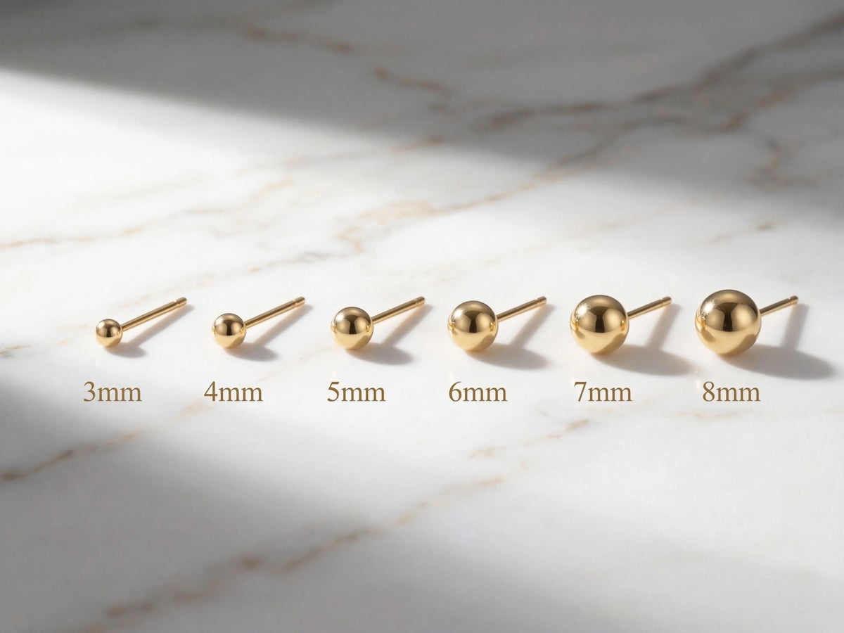 18k gold ball stud earrings, six art gold jewelry spheres 3mm to 8mm