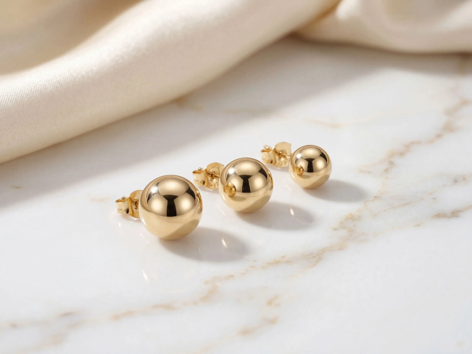 18k gold ball stud earrings, art gold jewelry with polished spheres