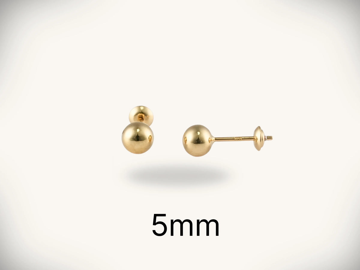 18k gold ball stud earrings, 5mm gold spheres, art gold jewelry
