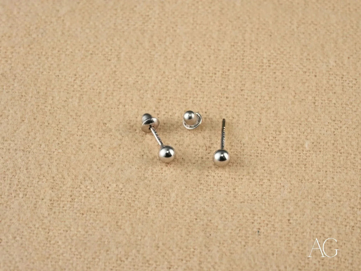 Certified 18k solid white gold 3mm ball-end screw-back earrings set