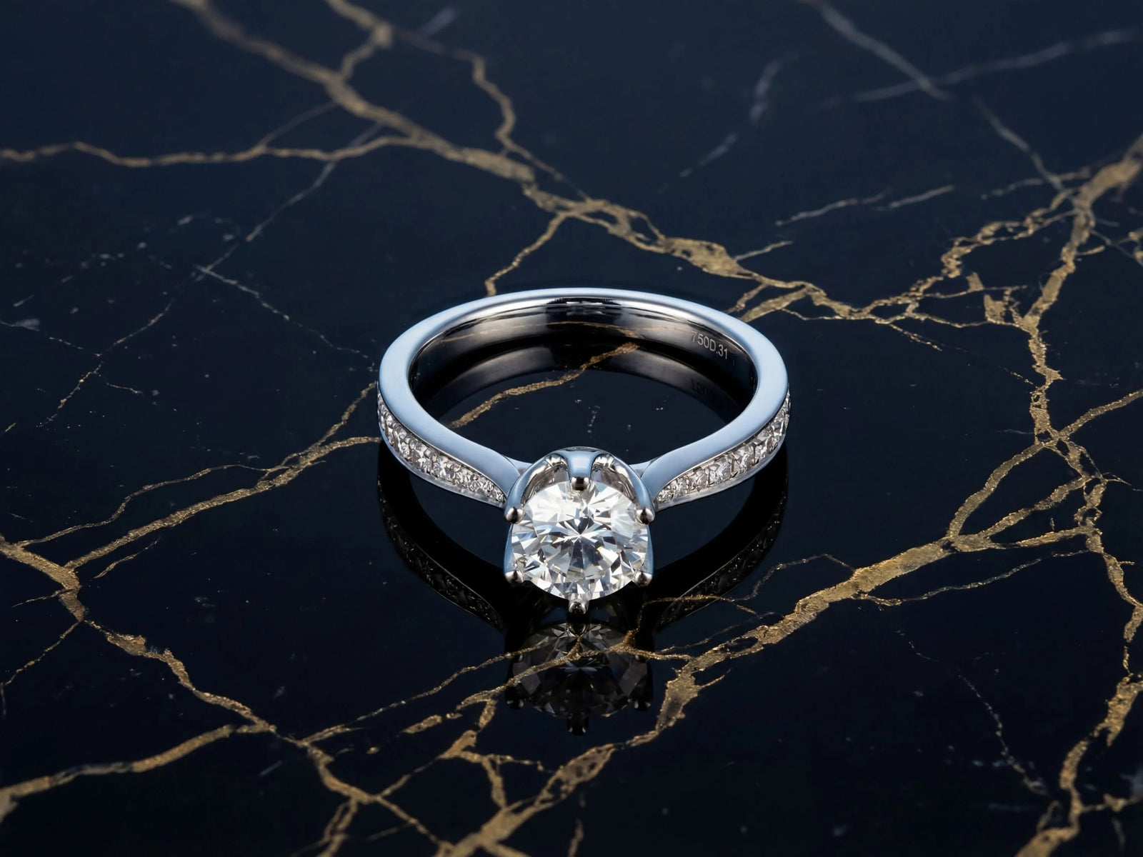 18k white gold engagement ring with 1ct round diamond and accents