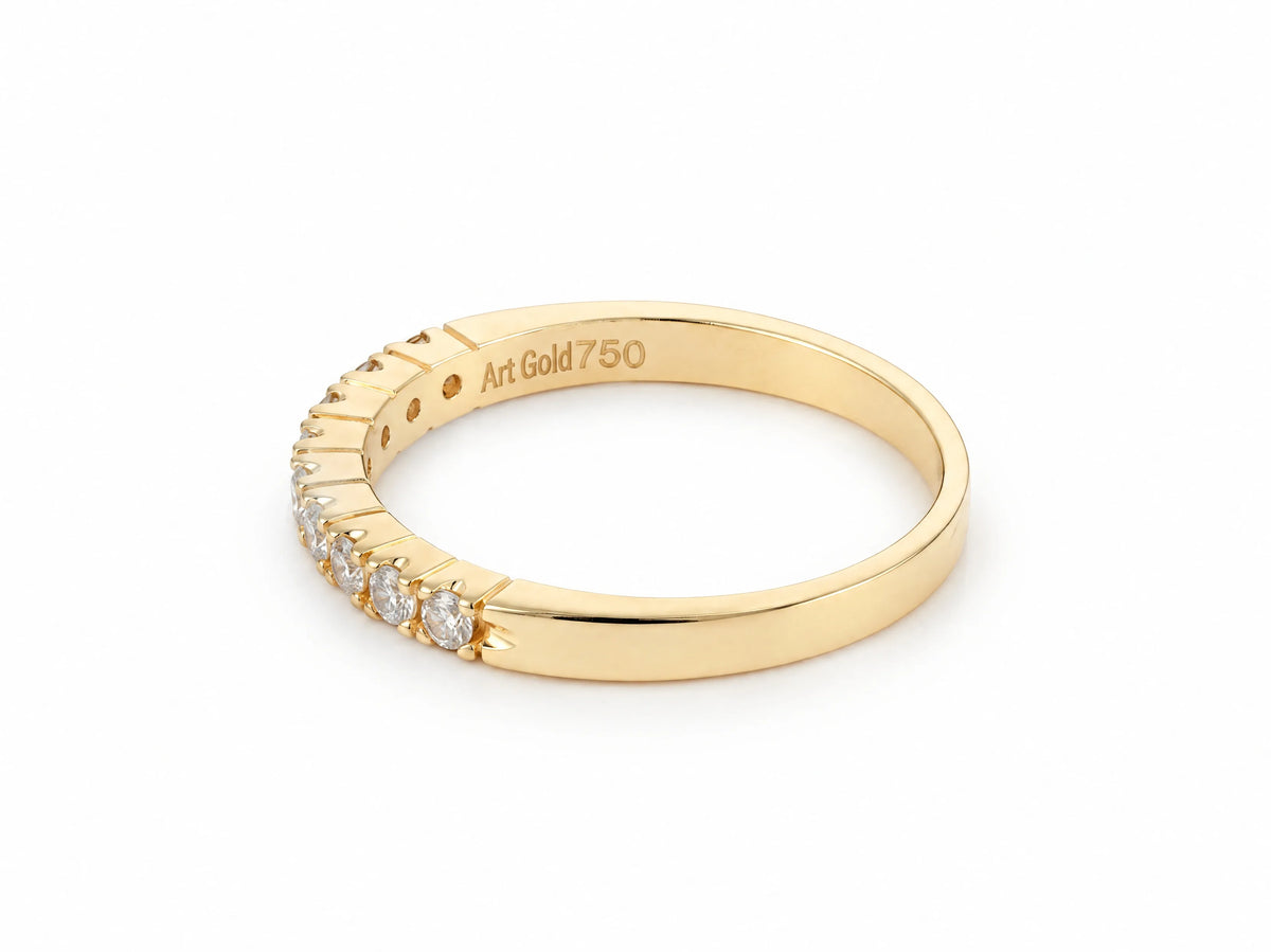 ArtGold 18K yellow gold half eternity diamond band, inside of the band showing the Art Gold 750 engraving