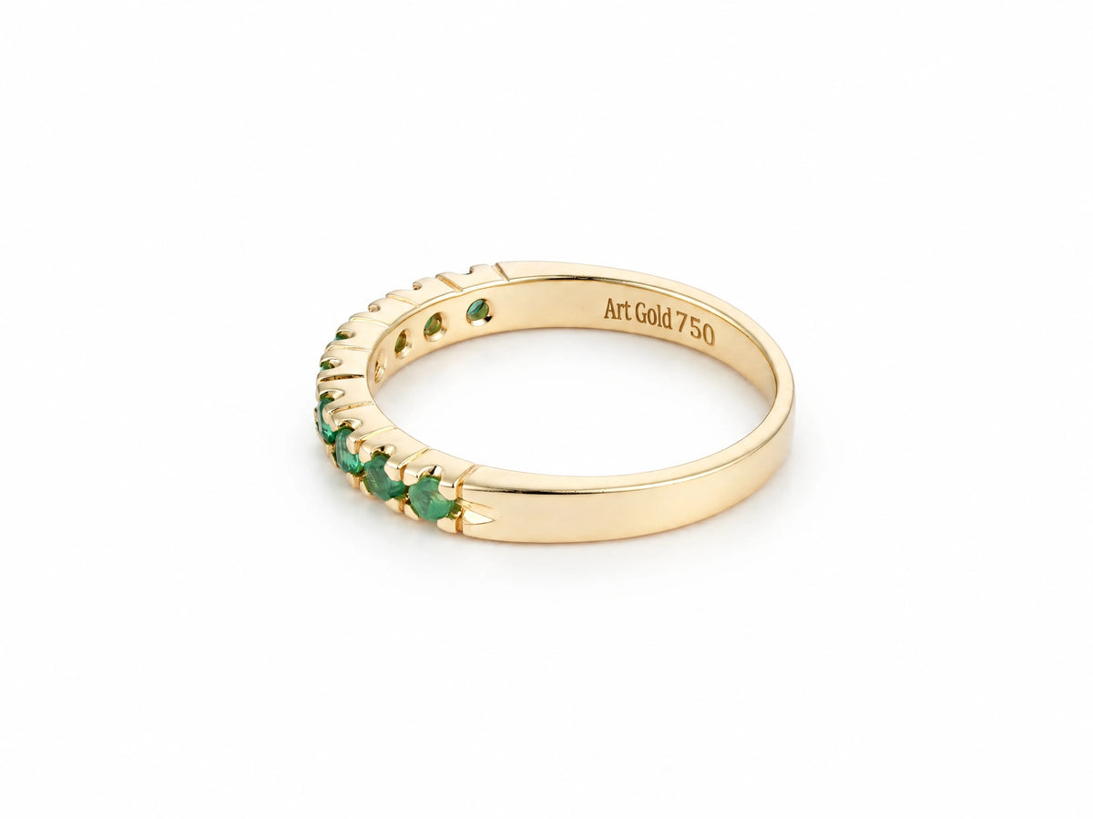 ArtGold 18K yellow gold half eternity emerald band, inside of the band showing the Art Gold 750 engraving