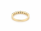 ArtGold 18K yellow gold half eternity sapphire band, side profile of the band and the shared-prong setting