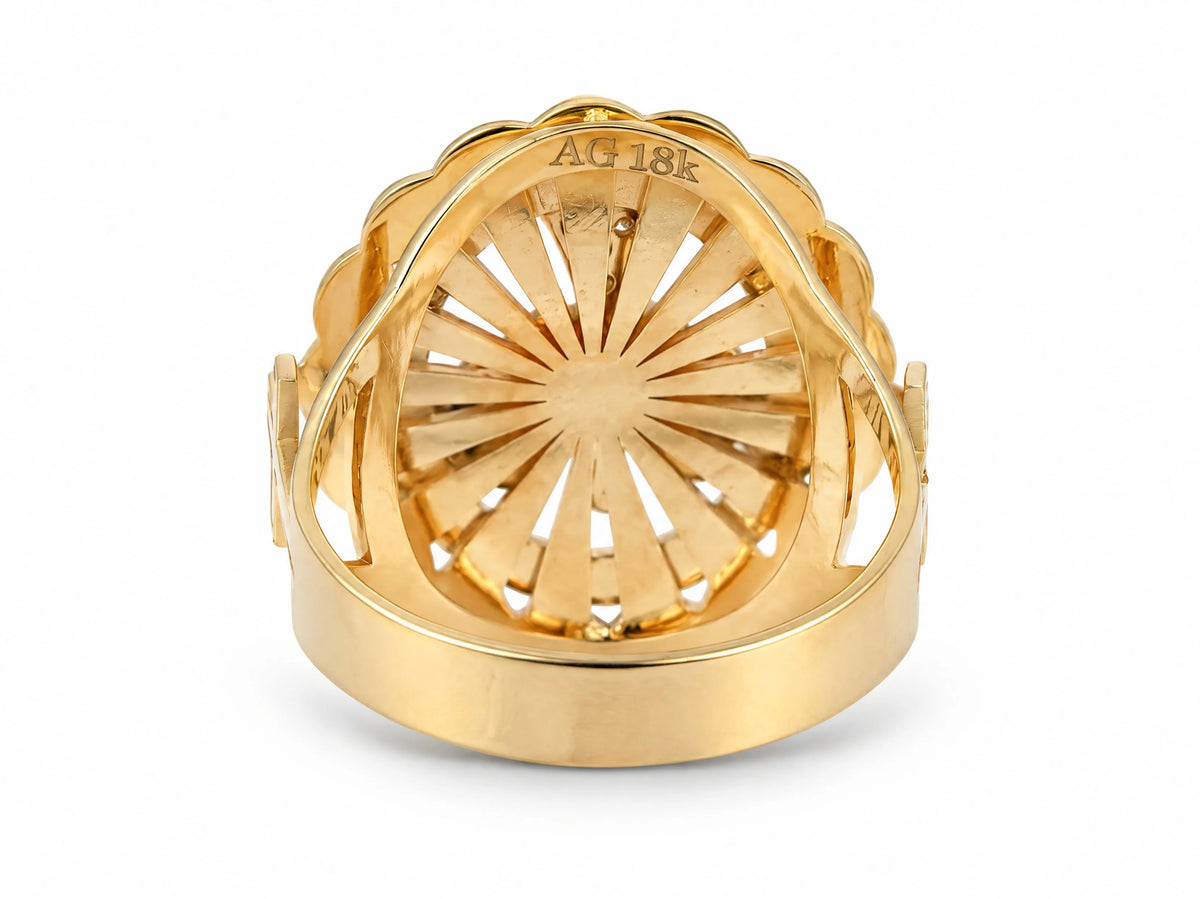 ArtGold exclusive 18K yellow gold Holy Spirit ring, rear view of the underside and the AG 18k hallmark inside the band