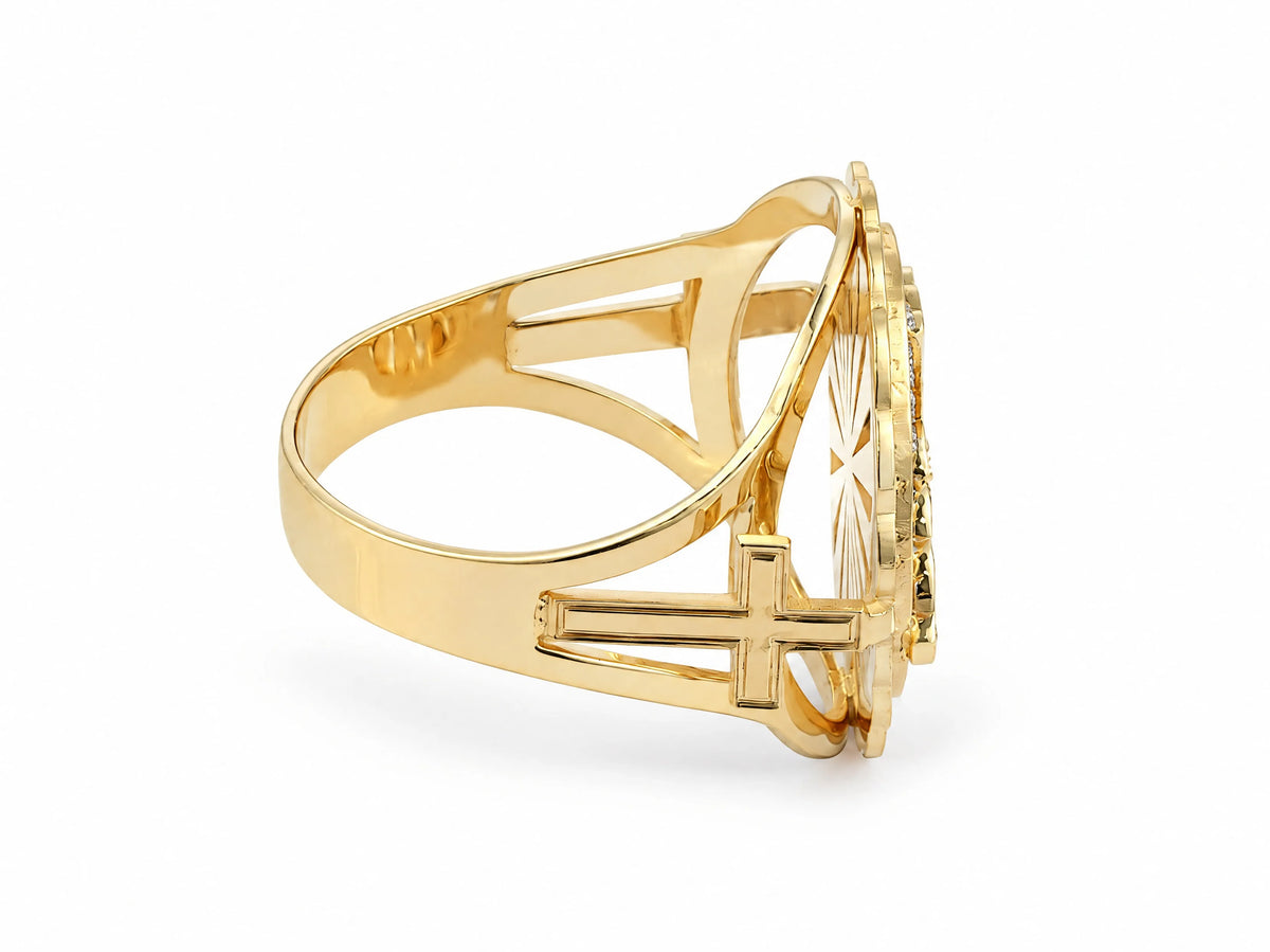 ArtGold exclusive 18K yellow gold Holy Spirit ring, opposite side profile of the openwork band