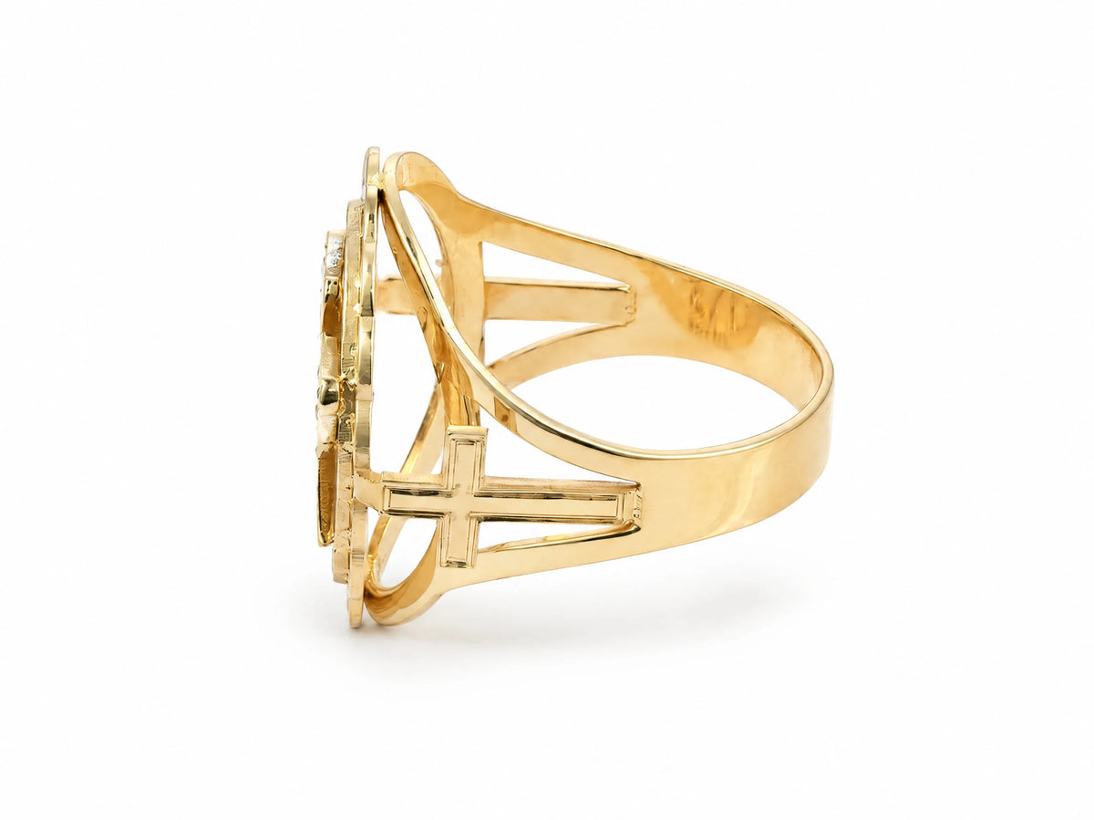 ArtGold exclusive 18K yellow gold Holy Spirit ring, side profile of the wide pierced band and cross detail