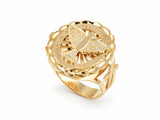 ArtGold exclusive 18K yellow gold Holy Spirit ring, opposite three-quarter view showing the pierced band and raised medallion