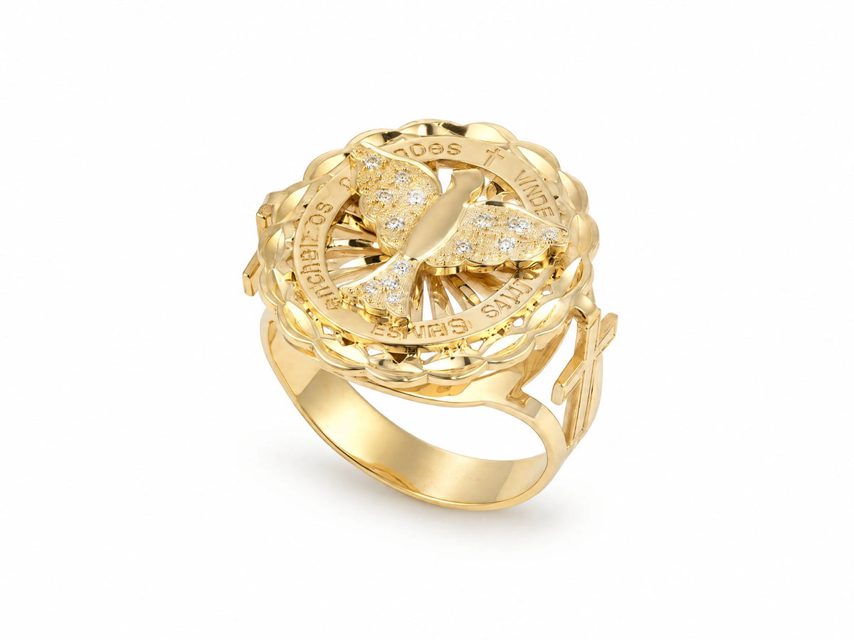 ArtGold exclusive 18K yellow gold Holy Spirit ring, three-quarter view of the round openwork medallion with diamond-set dove and sunburst rays