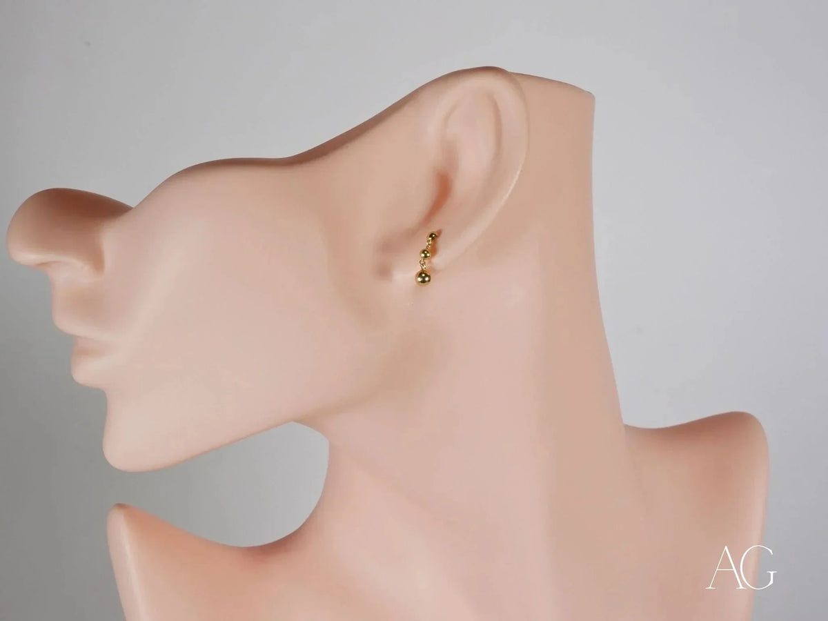 Elegant 18k solid gold 3-bead dangle earring in certified art gold jewelry