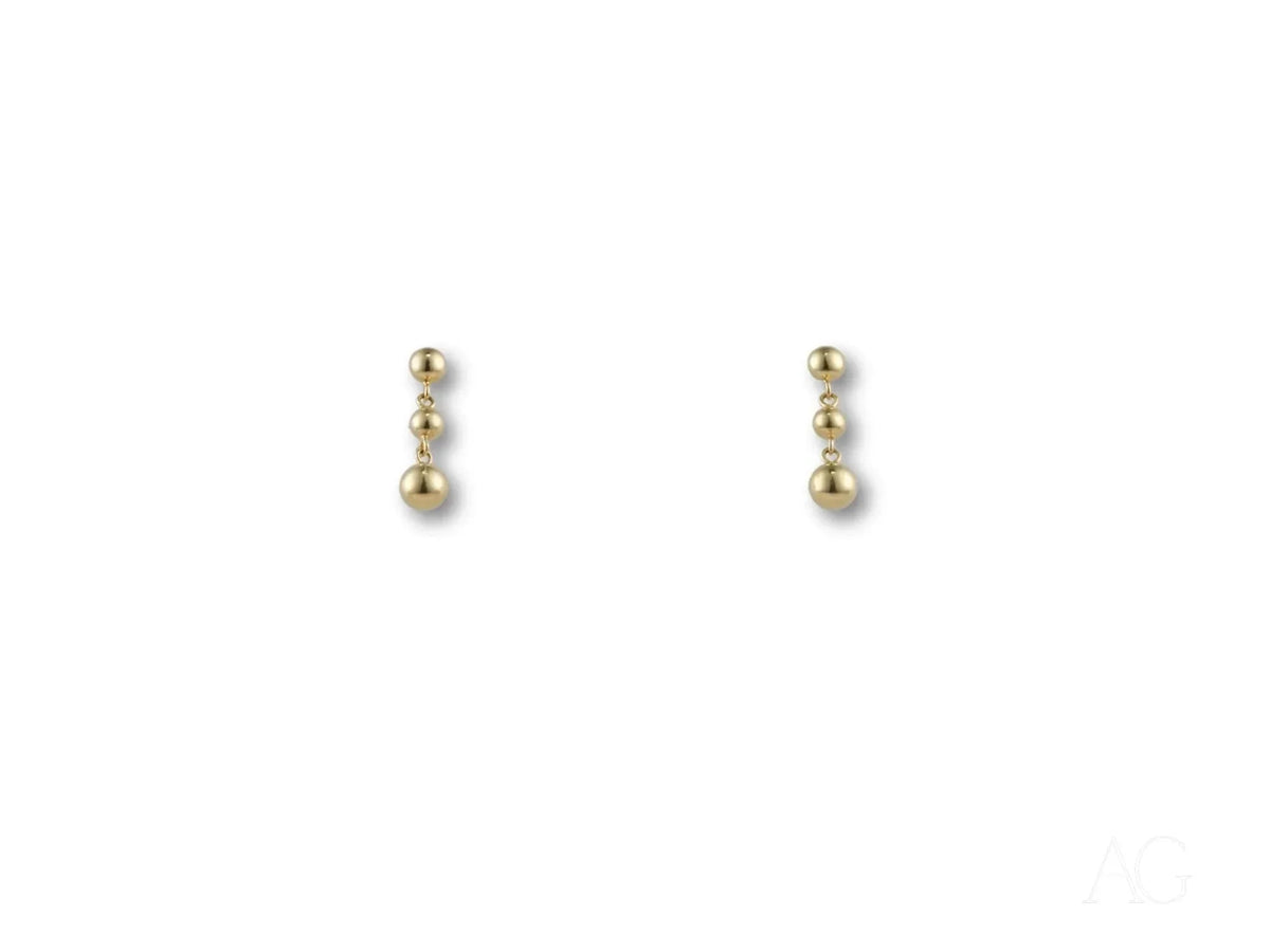 Elegant 18k solid gold 3-bead drop earrings in certified art gold jewelry