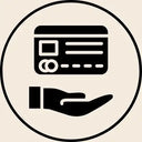 Black credit card icon resting on an open palm within a circular frame.