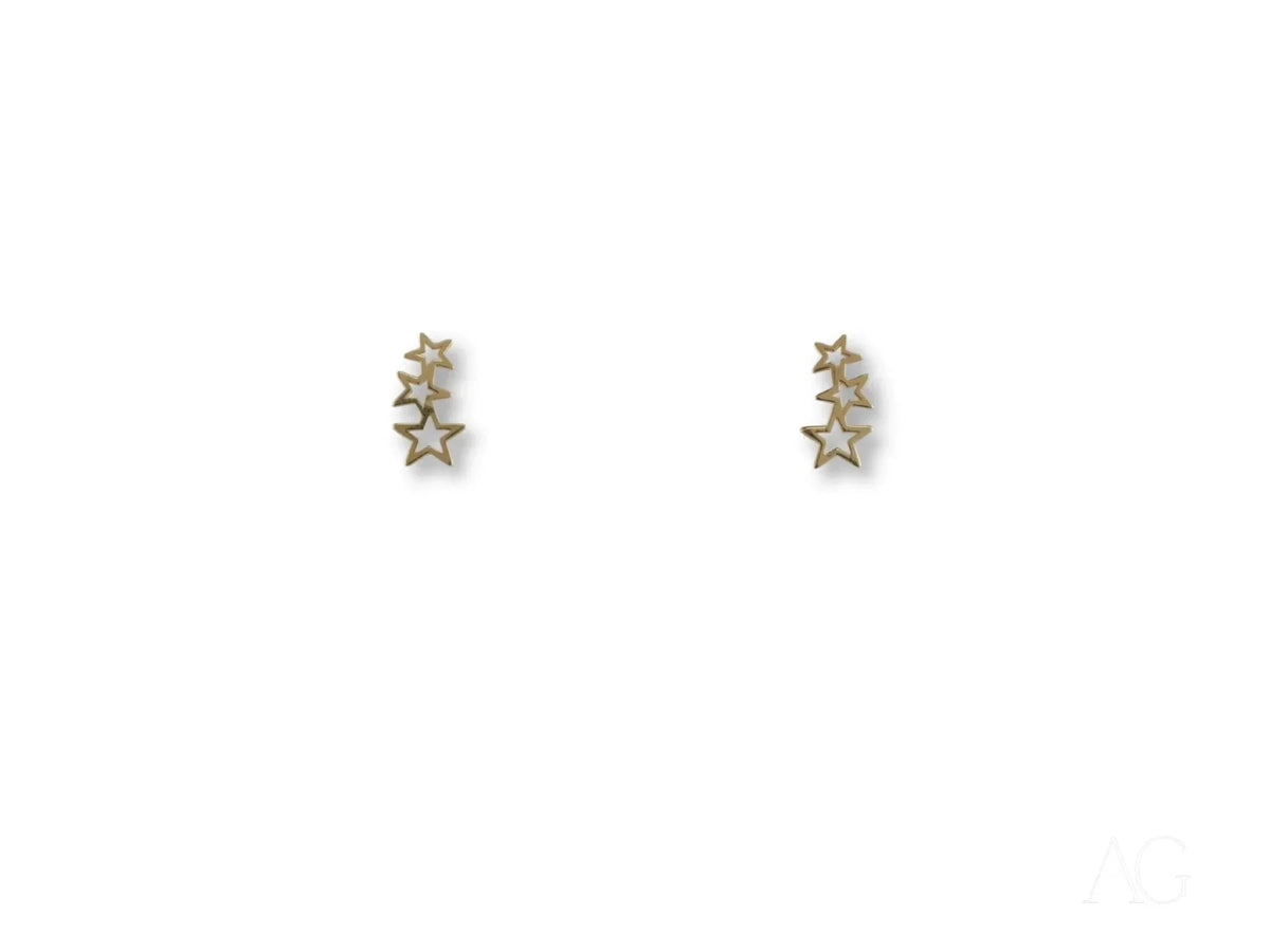 Certified 18k solid art gold jewelry: 3 Stars earrings, delicate vertical studs