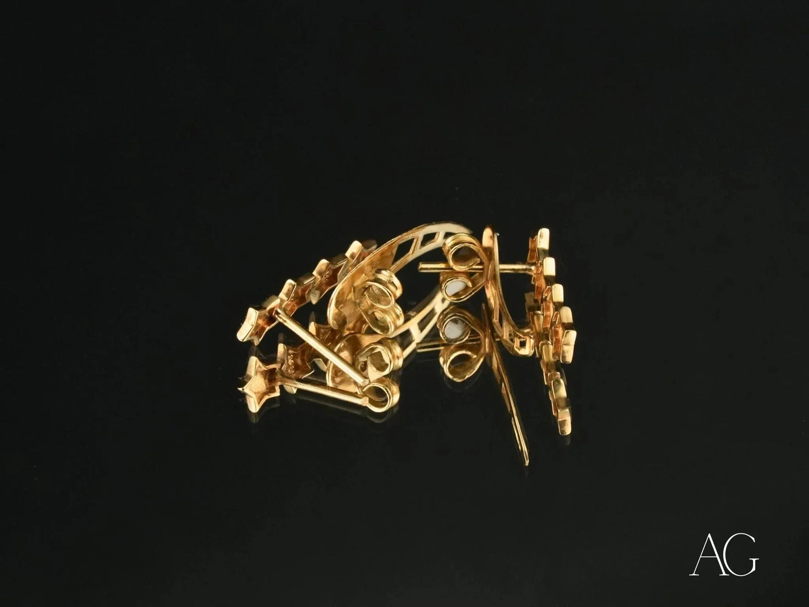 Ornate 4 Stars Ear Climber Earrings in certified 18k solid gold with floral scrollwork