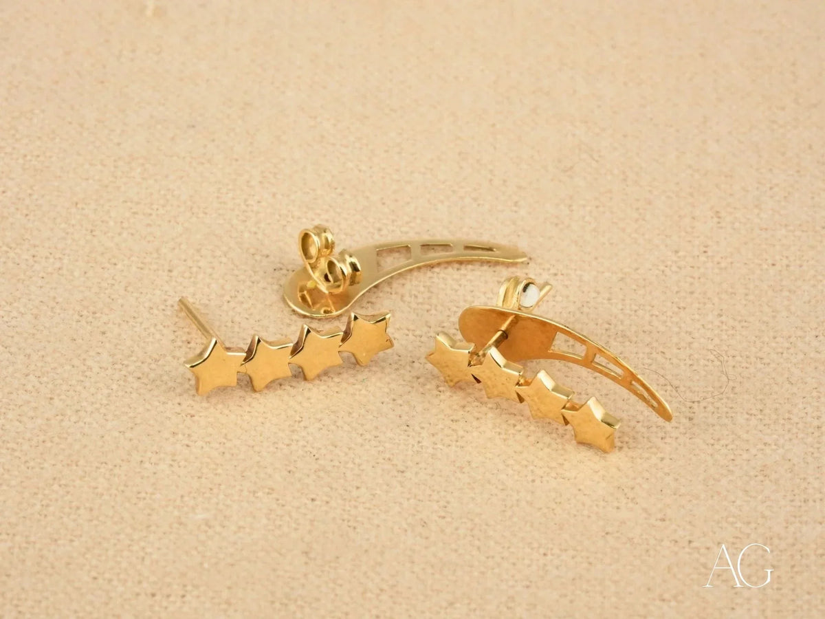 Pair of certified 18k solid gold stars ear climber earrings