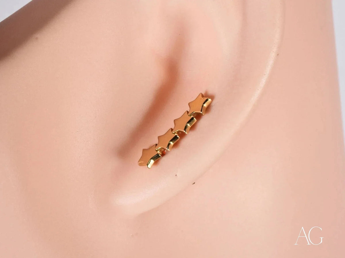 Certified 18k solid gold stars ear climber earrings with five connected stars