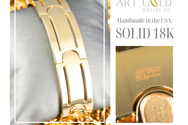 Shiny solid 18K gold Sovereign Bracelet with unique link design and art gold signature