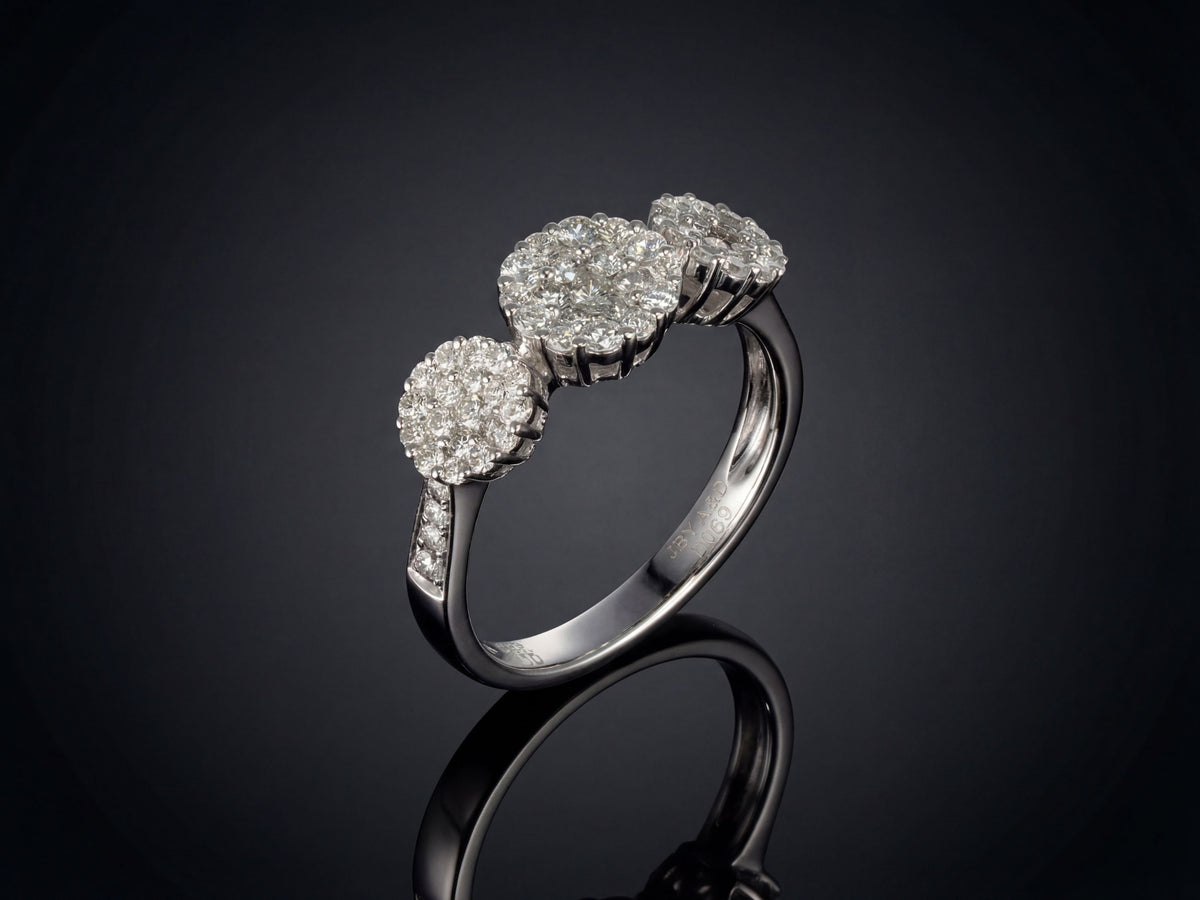 18K White Gold Three-Stone Diamond Cluster Ring