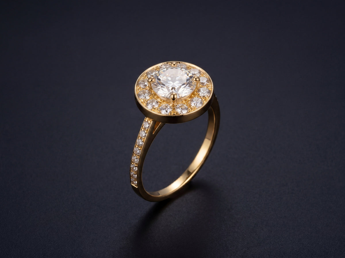 Estrela halo engagement ring in 18K gold — 1.05ct GIA diamond on dark luxury background