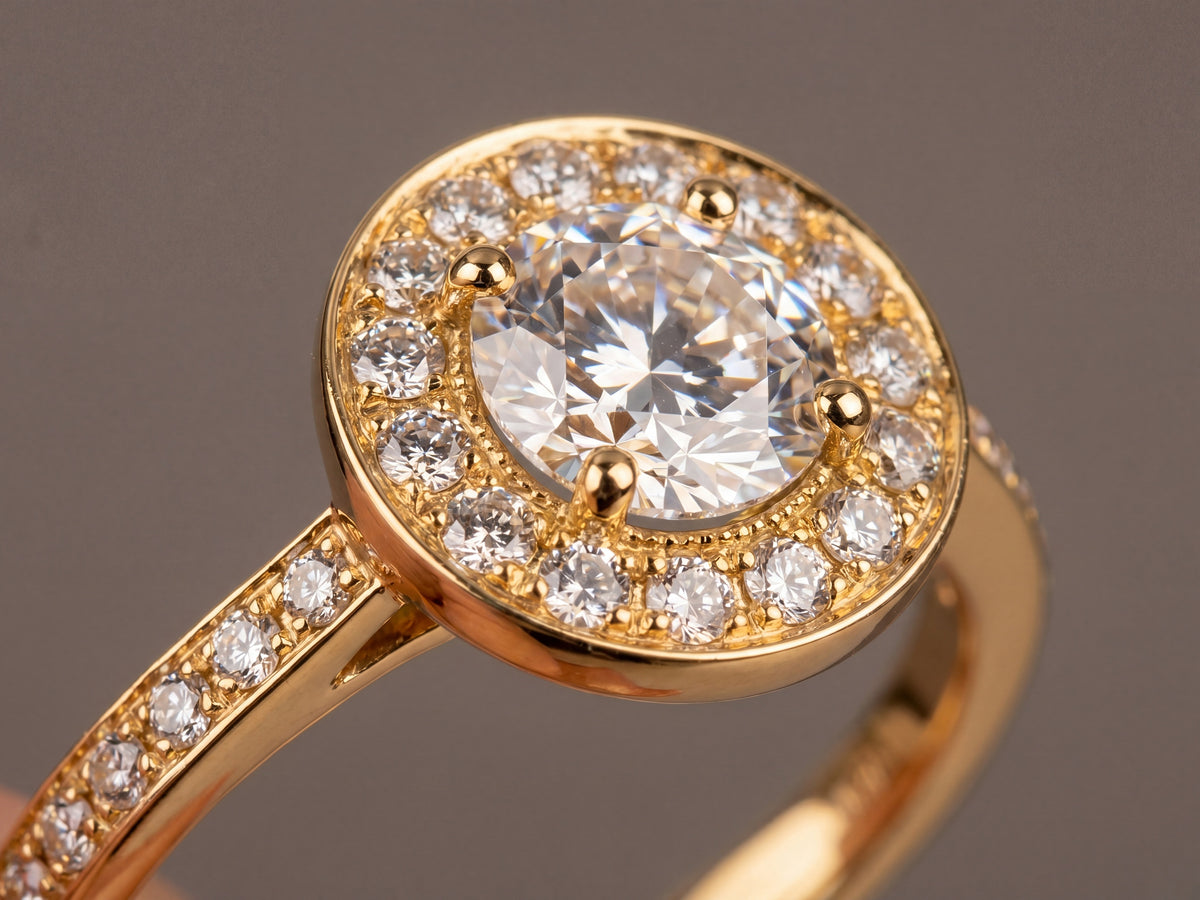 Estrela ring close-up — beaded halo and milgrain detail around 1.05ct round diamond