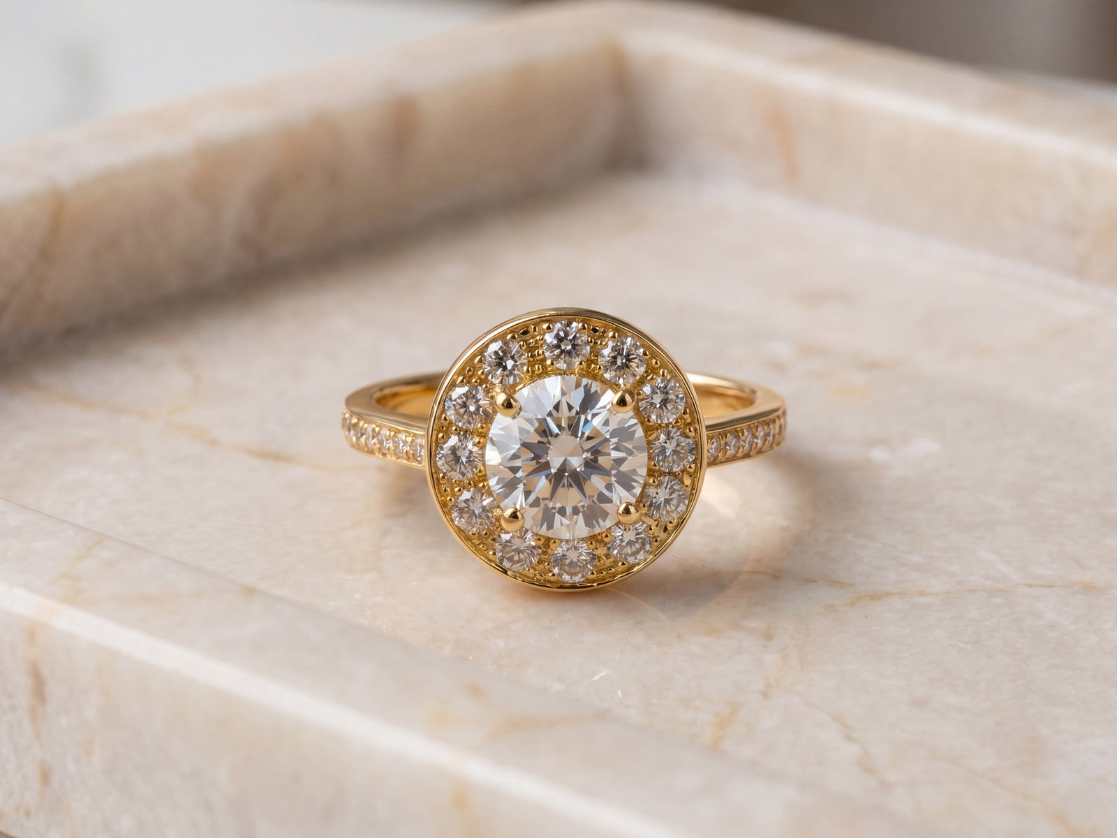 Estrela engagement ring with 1.05ct GIA diamond on cream marble — ArtGold boutique