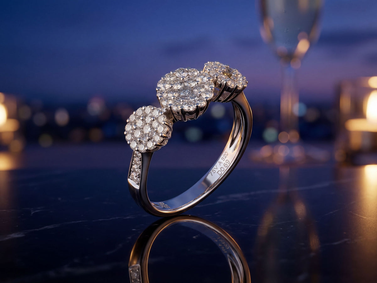 18K White Gold Three-Stone Diamond Cluster Ring