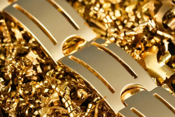 Shiny gold metal bracelet links with gold shavings showcasing The Sovereign Bracelet art gold signature