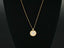 Gold Celestia initial disc necklace displayed on black velvet bust, showing full chain length—elegant red-carpet style like Taylor Swift.