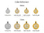 Color reference chart for Celestia initial discs: 10 mm & 15 mm in sterling silver, solid 10 K, 14 K, and 18 K gold—choose your red-carpet hue.