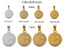 Size reference showing 10 mm and 15 mm Celestia discs beside a U.S. quarter; scale options for subtle or Taylor Swift–inspired statement looks.