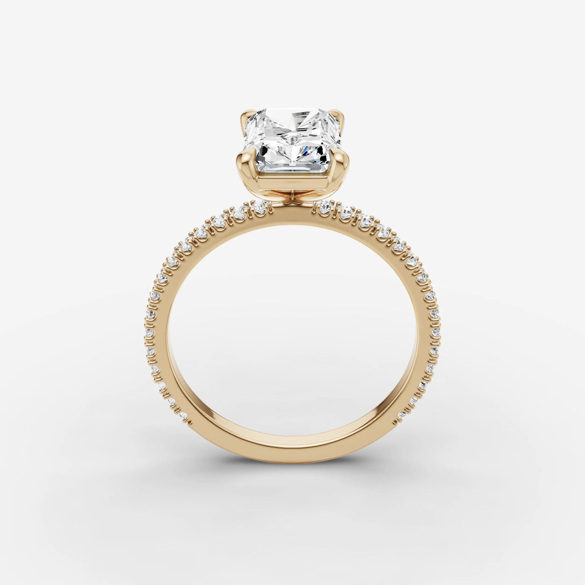 Etoile radiant diamond setting in gold, side view
