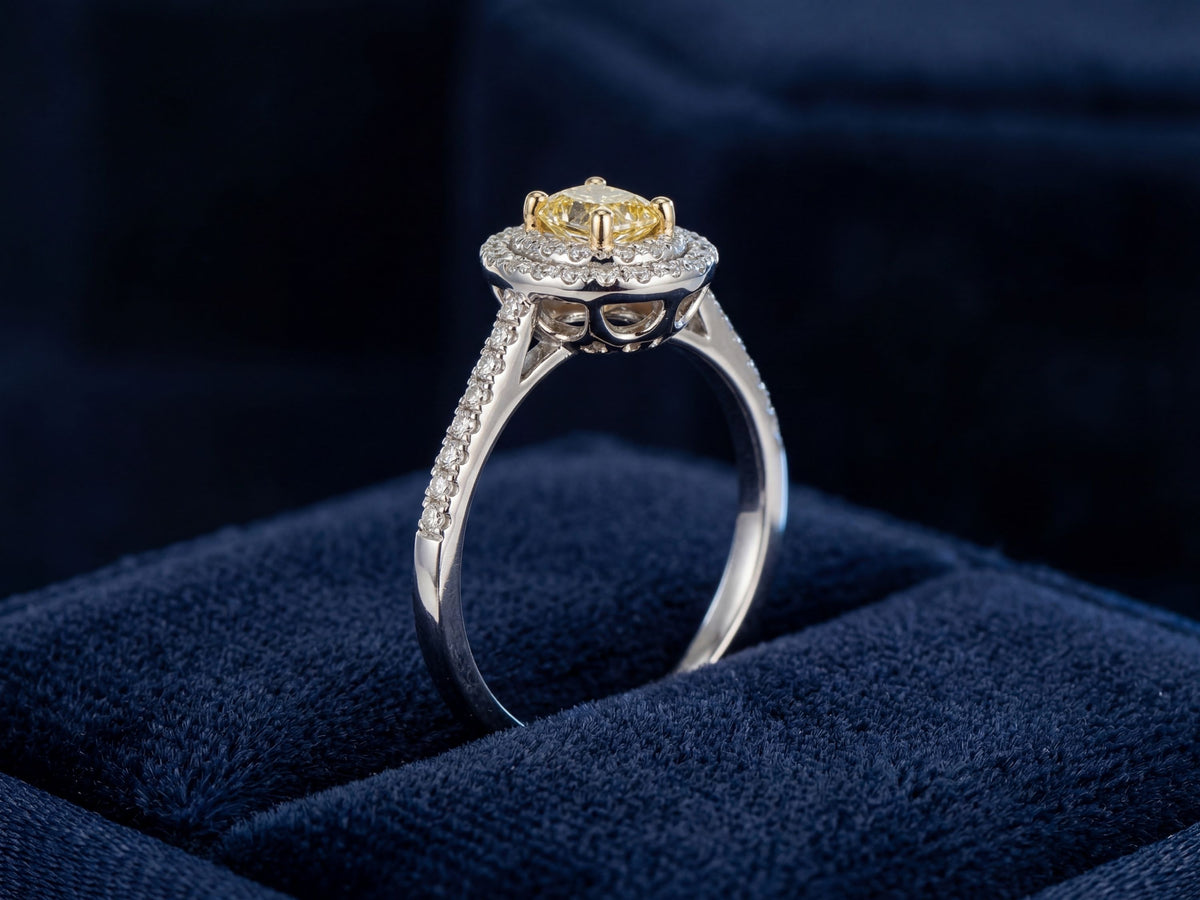 18K White Gold Yellow Diamond Engagement Ring With Double Halo