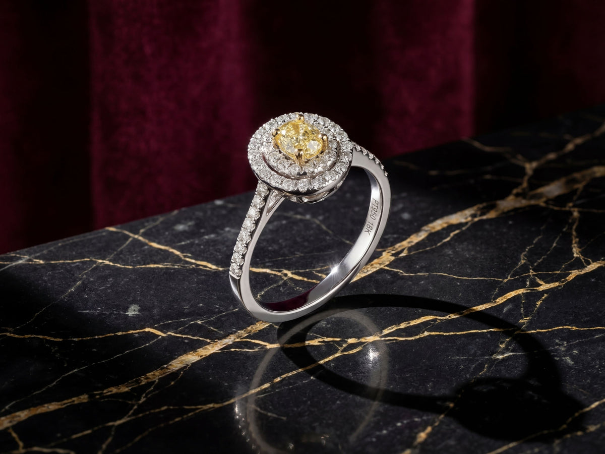 18K White Gold Yellow Diamond Engagement Ring With Double Halo