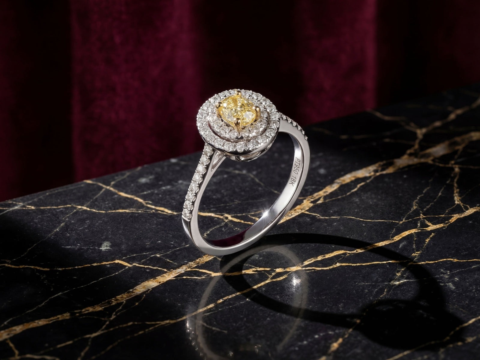 18K White Gold Yellow Diamond Engagement Ring With Double Halo
