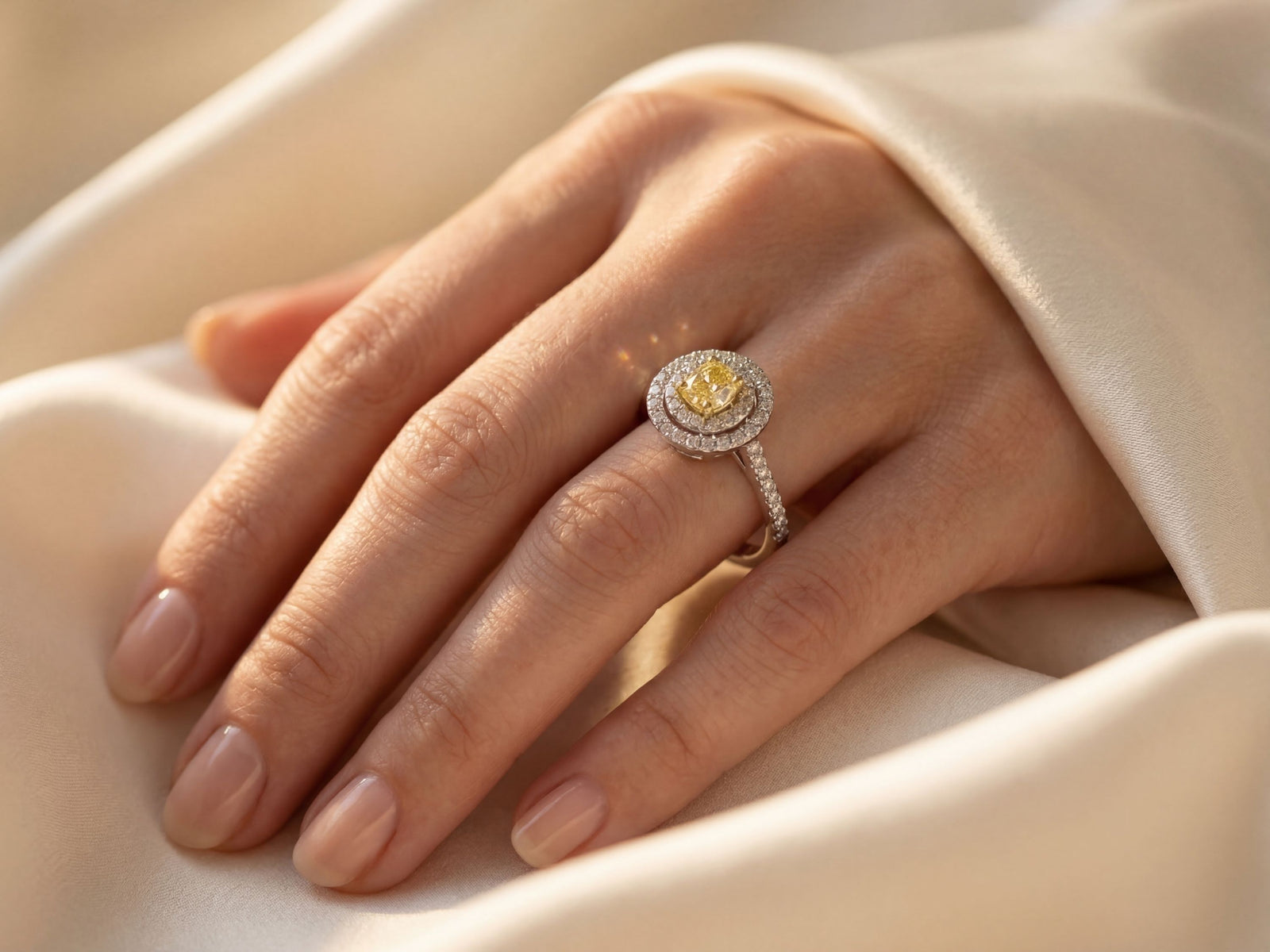18K White Gold Yellow Diamond Engagement Ring With Double Halo
